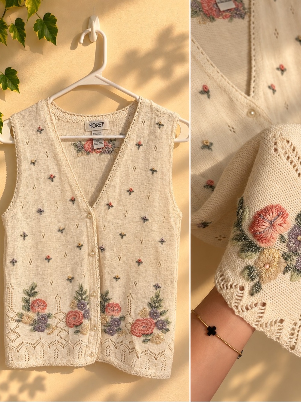 Koret Cream Embroidered Floral Knit Vest